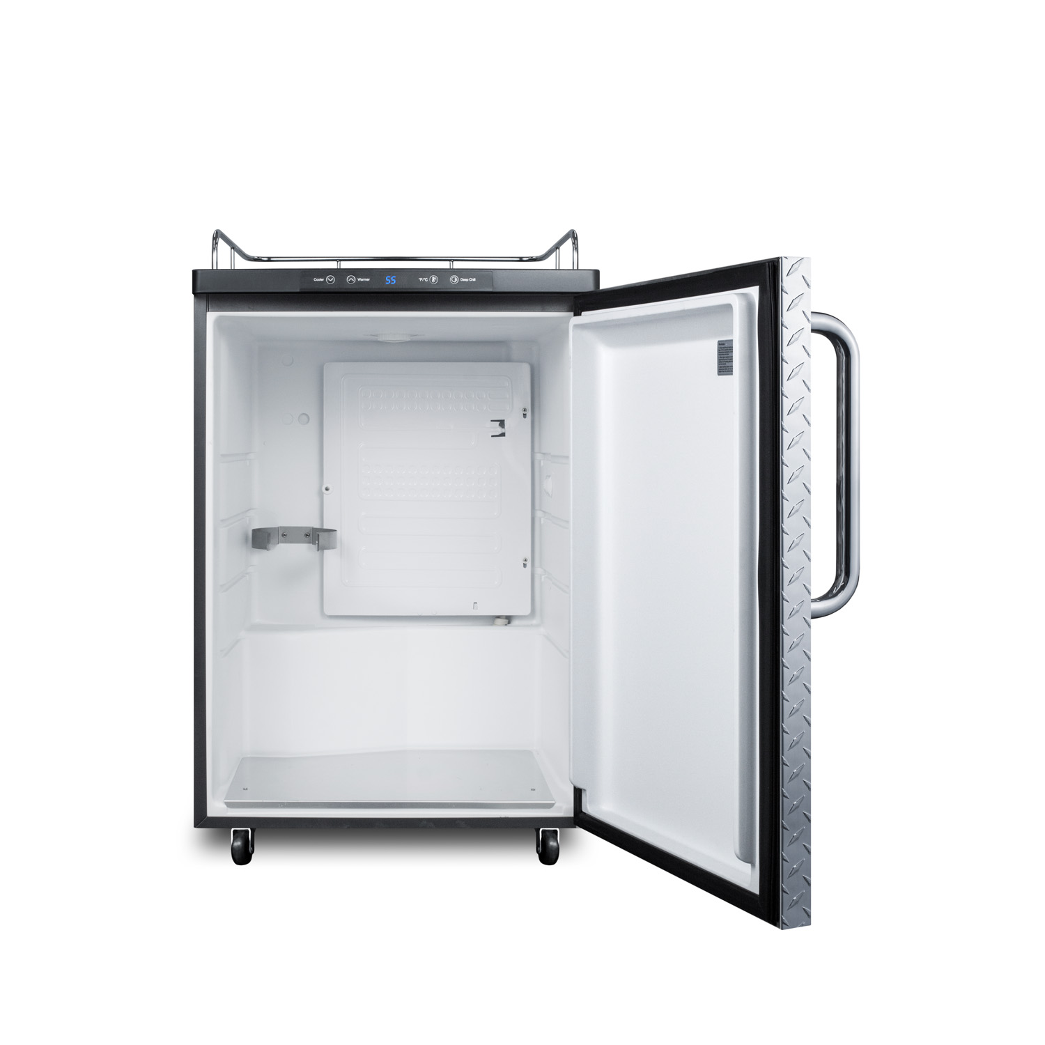 Freestanding residential beer dispenser, auto defrost w/digital thermostat, diamond plate door, TB handle, and black cabinet; no tapping equipment included